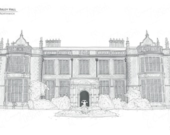Arley Hall & Gardens - Northwich, Cheshire - Hand Drawn Digital Illustration with free postage - Perfect personal wedding gift!