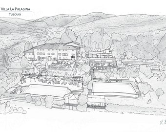 Villa La Palagina - Tuscany, Italy - Hand Drawn Digital Illustration with free postage - Perfect personal wedding gift!