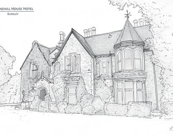 Rosehill House Hotel - Burnley, Lancashire - Hand Drawn Digital Illustration with free postage - Perfect personal wedding gift!