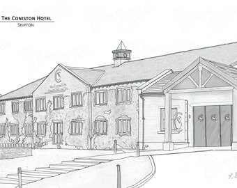 The Coniston Hotel - Skipton - Hand Drawn Digital Illustration with free postage - Perfect personal wedding gift!