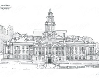 Stockport Town Hall - Greater Manchester - Hand Drawn Digital Illustration with free postage - Perfect personal wedding gift!