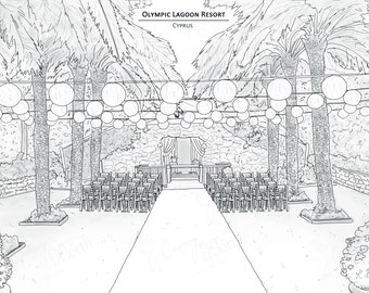 Olympic Lagoon Resort - Cyprus - Hand Drawn Digital Illustration with free postage - Perfect personal wedding gift!