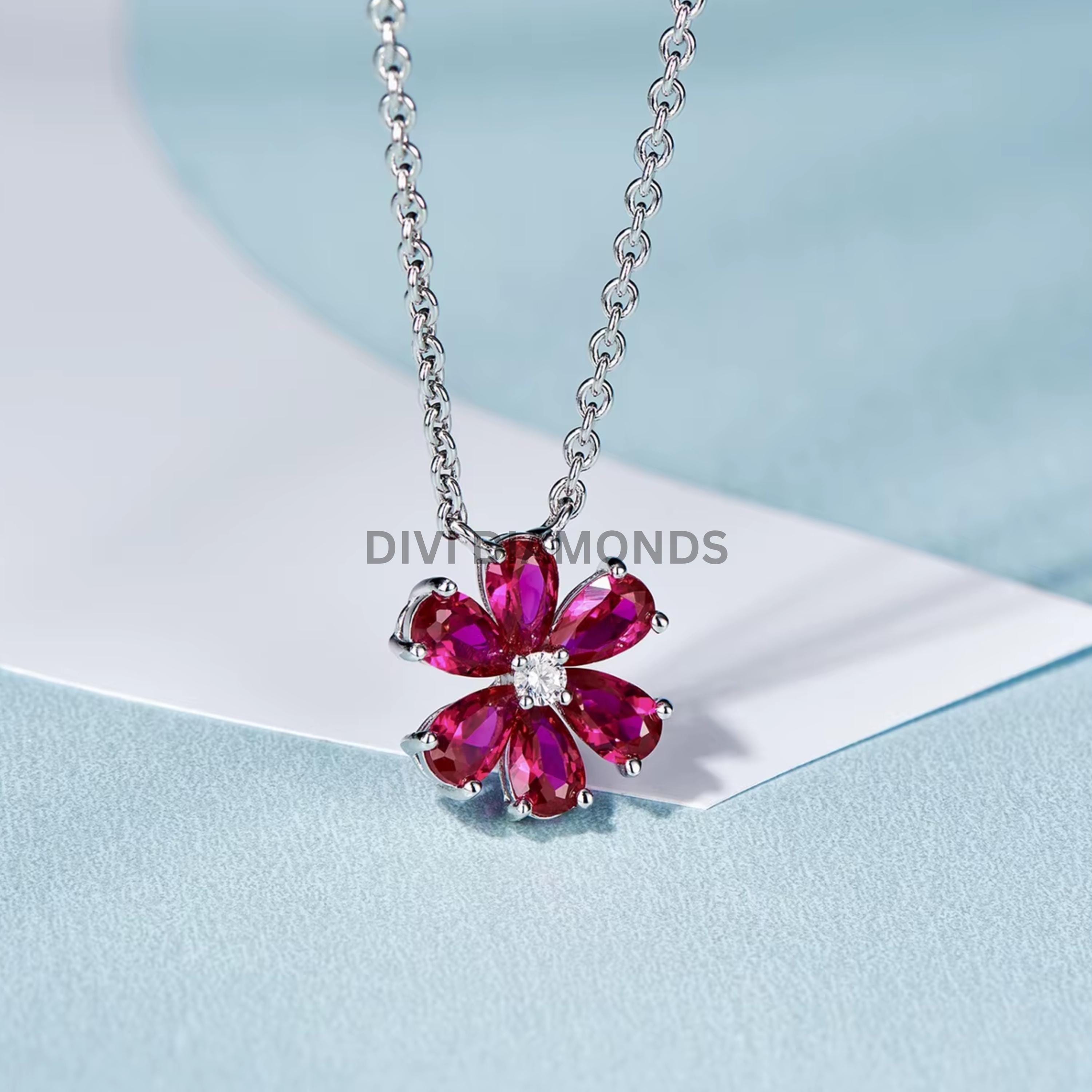 ルビーフラワーネックレス＆イヤリングセット、925スターリング