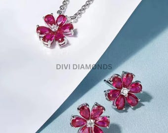 Ruby Flower Necklace & Earrings Set, 925 Sterling Silver Red Floral Jewelry, July Birthstone Gift for Her, Wedding Anniversary Jewelry Set