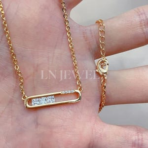 Three Stone Princess Cut Moissanite Necklace, 925 Sterling Silver 14K Yellow Gold Plated, Modern Everyday Jewelry, Bridal Bar Necklace