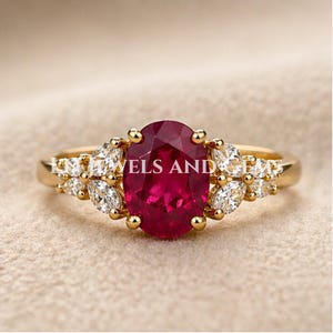 Unique Oval Cut Ruby Engagement Vintage Ring, 925 Sterling Silver 14K Gold Plated, Minimalist Cluster July Birthstone Promise Ring