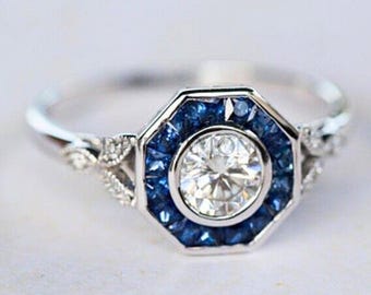 Octagon Halo Blue Sapphire Engagement Ring, Bezel Set Moissanite Ring, 925 Sterling Silver Vintage Anniversary Ring, Gift for Her