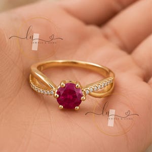 Round Ruby Infinity Women's Engagement Ring, 925 Sterling Silver 14k Gold Plated, Twisted Shank Ring, July Birthstone Gift for Her
