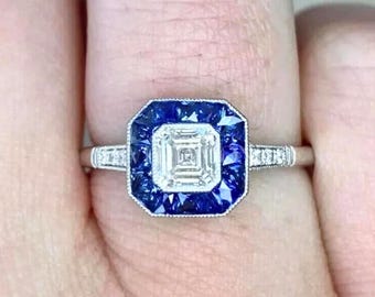 Art Deco Sapphire Halo Engagement Ring, Asscher Cut Moissanite & Bezel Set Blue Sapphire Ring, Milgrain Vintage-Inspired Statement Ring