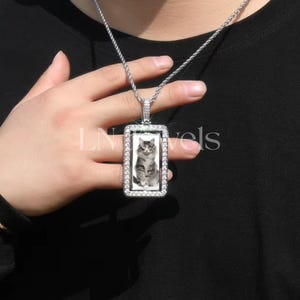 Round Moissanite Customize Rectangle Memory Photo Pendant, Custom Memory Frame Pendant, 925 Sterling Silver Personalized Photo Pendant Gift