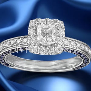 Princess Cut Halo Moissanite Ring, Hidden Sapphire Accent Band, 925 Sterling Silver Engagement Ring, Anniversary Bridal Gift for Her