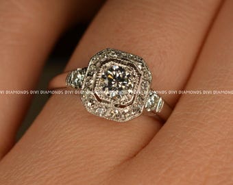 Vintage Round Cut Moissanite Halo Engagement Ring For Her, 925 Sterling Silver 14K White Gold Plated, Anniversary Gift For Women&#39;s