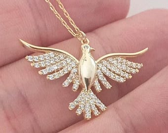 Moissanite Peace Dove Tiny Bird Pendant, Phoenix Bird Jewelry, 925 Sterling Silver Animal Necklace, Gift for Her, Bird Lover Necklace
