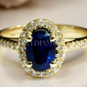 Oval Blue Sapphire Halo Ring Moissanite Pave Band Engagement Ring 14K Yellow Gold Plated 925 Sterling Silver Dainty Promise Ring for Her