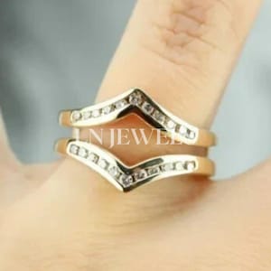 Round Cut Moissanite Women's Enhancer Wedding Band, V Shaped Open Gap Wrap Guard Band, 925 Sterling Silver, Channel Set Band For Her