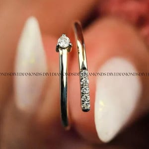 Round Moissanite Open Cuff Stackable Wedding Band, Women&#39;s Open Gap Band, 925 Sterling Silver, 14k Yellow Gold Plated, Gap Band Gift For Her