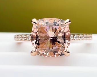 Cushion Cut Peach Morganite Engagement Ring, Double Hidden Halo Moissanite, 925 Sterling Silver, Unique Women&#39;s Anniversary Ring Gift