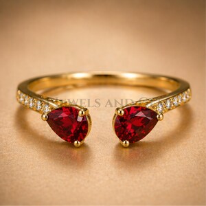 Pear Cut Ruby Two Stone Open Gap Cuff Band, 925 Sterling Silver, Women Stacking Matching Band, Women Minimalist Open Gap Band Gift for Her