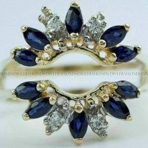 Blue Sapphire & Moissanite Enhancer Ring Gift For Her, 925 Sterling Silver 14K Yellow Gold Plated V Ring Guard, Marquise Cut Band Wrap