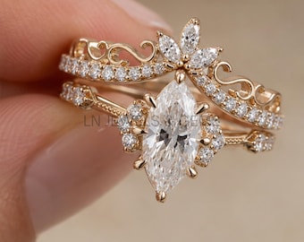 Marquise Moissanite Vintage Engagement Ring Set, 925 Sterling Silver, Victorian Bridal Ring Set, Curved Stacking Band, Gift for Her