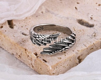 Vintage verstelbare ring met engelenvleugels veren, 925 sterlingzilveren open manchetringen voor vrouwen, boho-sieraden, jubileumcadeau voor haar