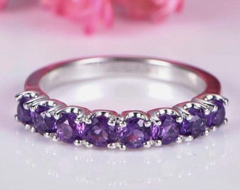 Purple Amethyst Wedding Band, Half Eternity Matching Band 925 Sterling Silver, February Amethyst Band, Anniversary Promise Band Gift For Her
