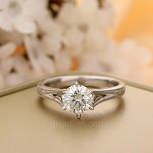 Vintage Solitaire Moissanite Engagement Ring, 925 Sterling Silver Antique-Style Ring, Delicate Filigree Wedding Ring, Promise Ring for Her