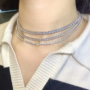 Moissanite Tennis Necklace Choker, 2MM, 3MM, 4MM Round Cut Moissanite Tennis Necklace for Women, 925 Sterling Silver, Tennis Chain Necklace
