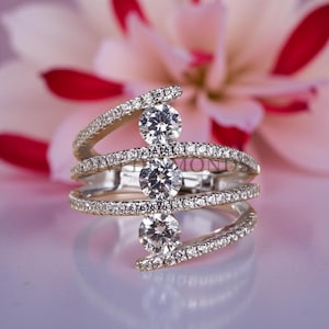 Three Stone Open Wrap Moissanite Ring, Wrap Around Pavé Band, Three Stone Bypass Ring, 925 Sterling Silver Women’s Ring, Spiral Wrap Ring