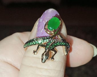 Oval Green Emerald Lizard Ring for Women, 925 Sterling Silver Gecko Wrap Ring, Animal Jewelry, Unique Boho Statement Special Gift for Her