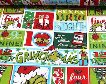 May include: Fabric featuring a repeating pattern with the Grinch, numbers, and text from "How the Grinch Stole Christmas!" by Dr. Seuss. The design includes green, red, white, and blue elements, with the words "Grinchmas" and "12 Days of" visible.