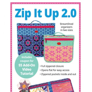 May include: A colorful fabric organizer with a zippered closure. The organizer is open to reveal multiple pockets and compartments. The text "Zip It Up 2.0" is displayed in large blue letters at the top of the image. The text "Sleek storage for the essentials!" is displayed in blue letters at the bottom of the image.