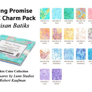 May include: A 42-piece charm pack of 5x5 inch fabric squares featuring a variety of spring-themed batik designs. The pack includes a mix of colors, including aqua, blue, pink, yellow, and white. The fabric squares are arranged in a grid pattern, with each square showcasing a different design. The pack is labeled "Spring Promise" and "Artisan Batiks".