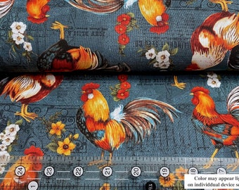 Wilmington Print 100% Quilt Cotton Fabric Garden Rooster Blue - Pls See All Photos/Ruler -Read Description