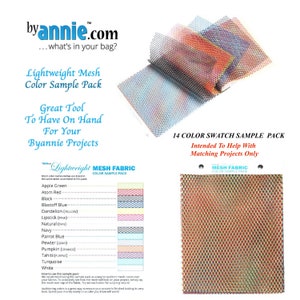 May include: A color sample pack of lightweight mesh fabric in various colors, including green, red, black, and blue. The pack includes a color chart and the text "Lightweight Mesh Color Sample Pack". The sample pack is intended to help with matching projects.