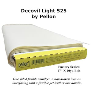 May include: A roll of Decovil Light 525 fusible stabilizer by Pellon. The beige, non-woven interfacing is factory sealed and measures 17 inches wide and 10 yards long. It has a flexible, leather-like handle.