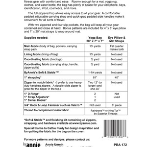 May include: A chart listing the supplies needed to make a yoga bag, including fabric, zipper, and hardware. The chart also includes the measurements for each item. The chart is titled "Yoga Bag & Accessories".