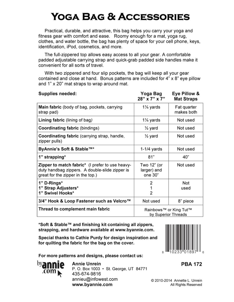 May include: A chart listing the supplies needed to make a yoga bag, including fabric, zipper, and hardware. The chart also includes the measurements for each item. The chart is titled "Yoga Bag & Accessories".