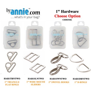 May include: Assortment of 1 inch chrome hardware for bags and accessories. Includes triangle flat rings, wide mouth sliders, swivel hooks, and D-rings.