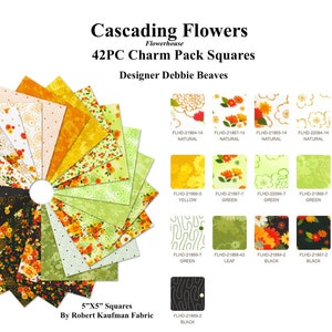 May include: A 42-piece charm pack of 5-inch squares featuring a floral pattern in shades of orange, yellow, green, and black. The fabric squares are arranged in a fan shape, with the fabric names and colors listed below.