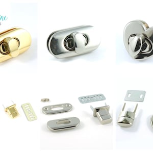 May include: A set of three metal bag clasps in gold and silver finishes. The clasps are oval, heart-shaped, and rectangular. The set includes all the hardware needed to install the clasps on a bag.
