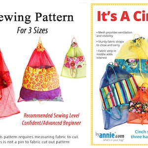 May include: Sewing pattern for three mesh laundry bags in different sizes and colors. The pattern includes instructions for making the bags with fabric straps and a fabric strip in the middle. The pattern is for a confident or advanced beginner sewer. It's A Cinch by annie.com ... what's in your bag?