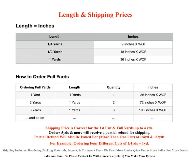 May include: A table showing the length and shipping prices for fabric sold by the yard. The table shows the length in inches for 1/4, 1/2, and 1 yard of fabric. It also shows the price for shipping orders of 1, 2, and 3 yards of fabric.