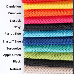 May include: A close-up of 14 different colors of mesh fabric swatches. The colors are Tahiti, Atom Red, Dandelion, Pumpkin, Lipstick, Navy, Parrot Blue, Blastoff Blue, Turquoise, Apple Green, Black, Natural, White, and Pewter.