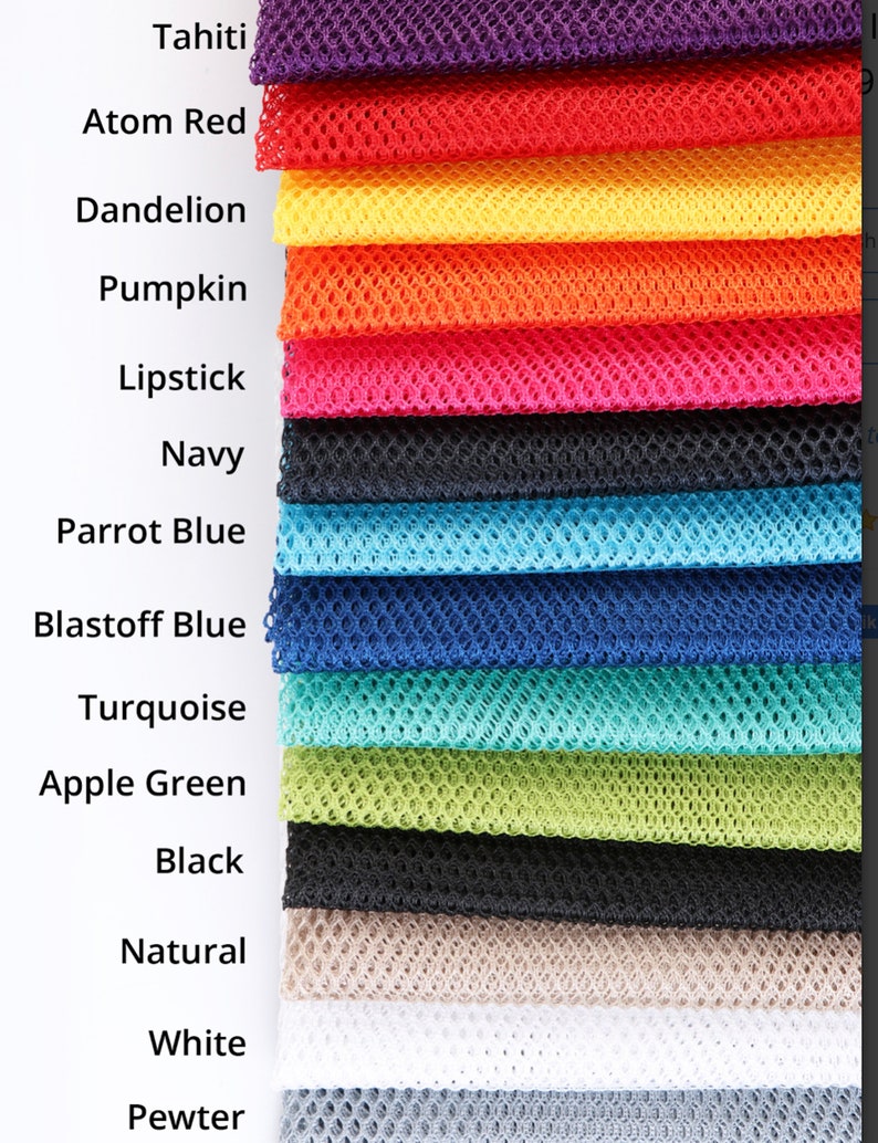 Puede incluir: Primer plano de 14 muestras de tejido de malla de diferentes colores. Los colores son Tahit&iacute;, Rojo &aacute;tomo, Diente de le&oacute;n, Calabaza, Labial, Azul marino, Azul loro, Azul despegue, Turquesa, Verde manzana, Negro, Natural, Blanco y Peltre.