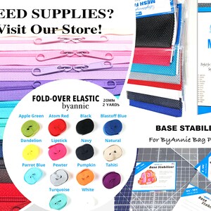 May include: Assortment of fold-over elastic in various colours, including apple green, atom red, black, blastoff blue, dandelion, lipstick, navy, natural, parrot blue, pewter, pumpkin, tahiti, turquoise, and white. The elastic is 20mm wide and 2 yards long.  Also pictured are base stabilisers for bags, and lightweight mesh fabric in various colours.