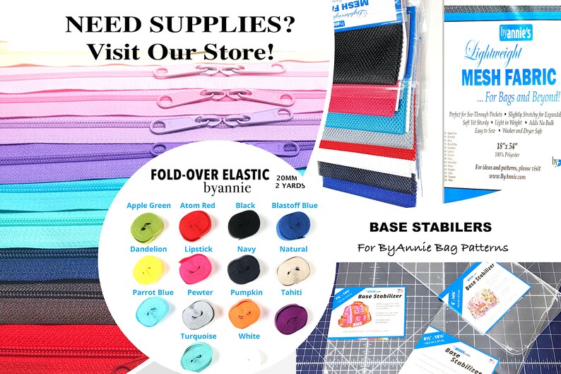 May include: Assortment of fold-over elastic in various colours, including apple green, atom red, black, blastoff blue, dandelion, lipstick, navy, natural, parrot blue, pewter, pumpkin, tahiti, turquoise, and white. The elastic is 20mm wide and 2 yards long.  Also pictured are base stabilisers for bags, and lightweight mesh fabric in various colours.