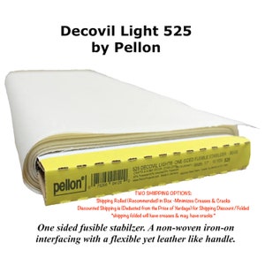 May include: A roll of beige Decovil Light 525 fusible stabilizer by Pellon. The product is packaged in a yellow box with product information. The text on the box reads "525 Decovil Light One-Sided Fusible Stabilizer". The product is 17 inches wide and 10 yards long.