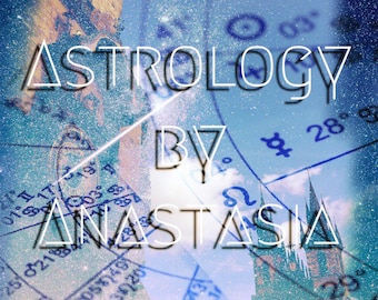 Puede incluir: Un gráfico de astrología azul y blanco con el texto "Astrology by Anastasia" superpuesto sobre una imagen borrosa de un edificio.