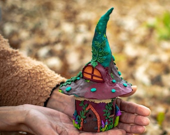 Fairy Jar House, Decorative Jar, Tea Jar, Fimo Clay, Unique Stash Jar, Handmade, Forest Witch House, Fantasy, Magic, House decoration, Gift